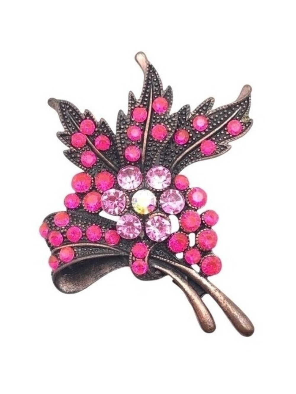 Bouquet Brooch Pink Rhinestones Antiqued Copper  Look 2-1/4" x 2-1/4"